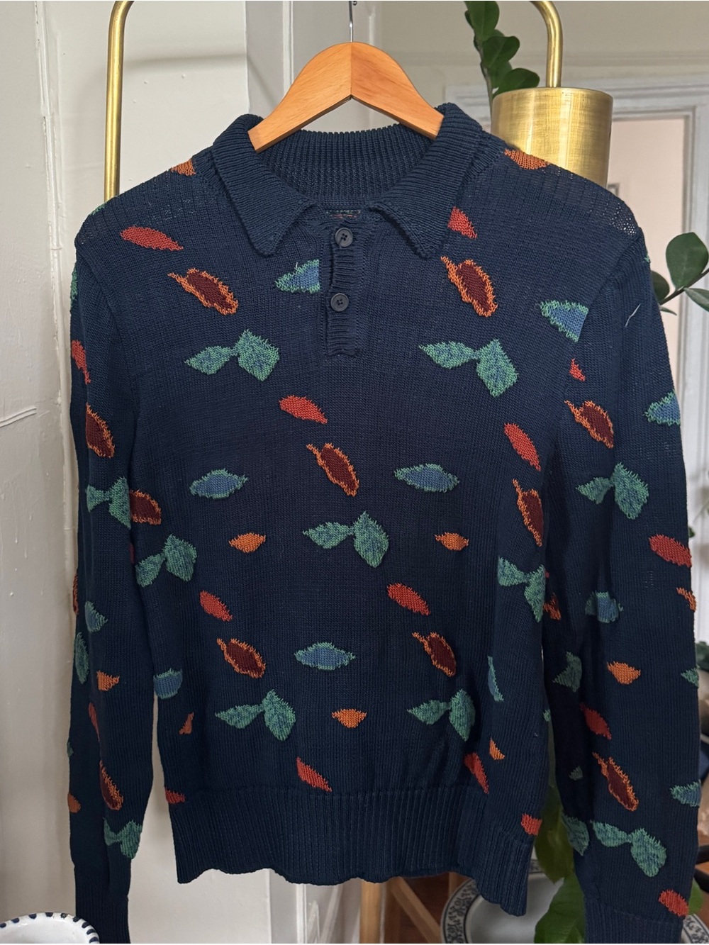 Rare Corridor Fall Foliage Polo Sweater S Navy 100% Cotton Made in Peru